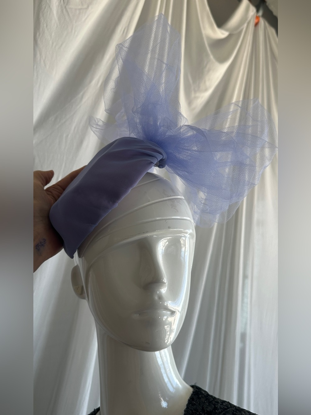 Polo or Church or costume Party fascinator Lilac color Mesh Appliqué tablet hat - Picture 12 of 16